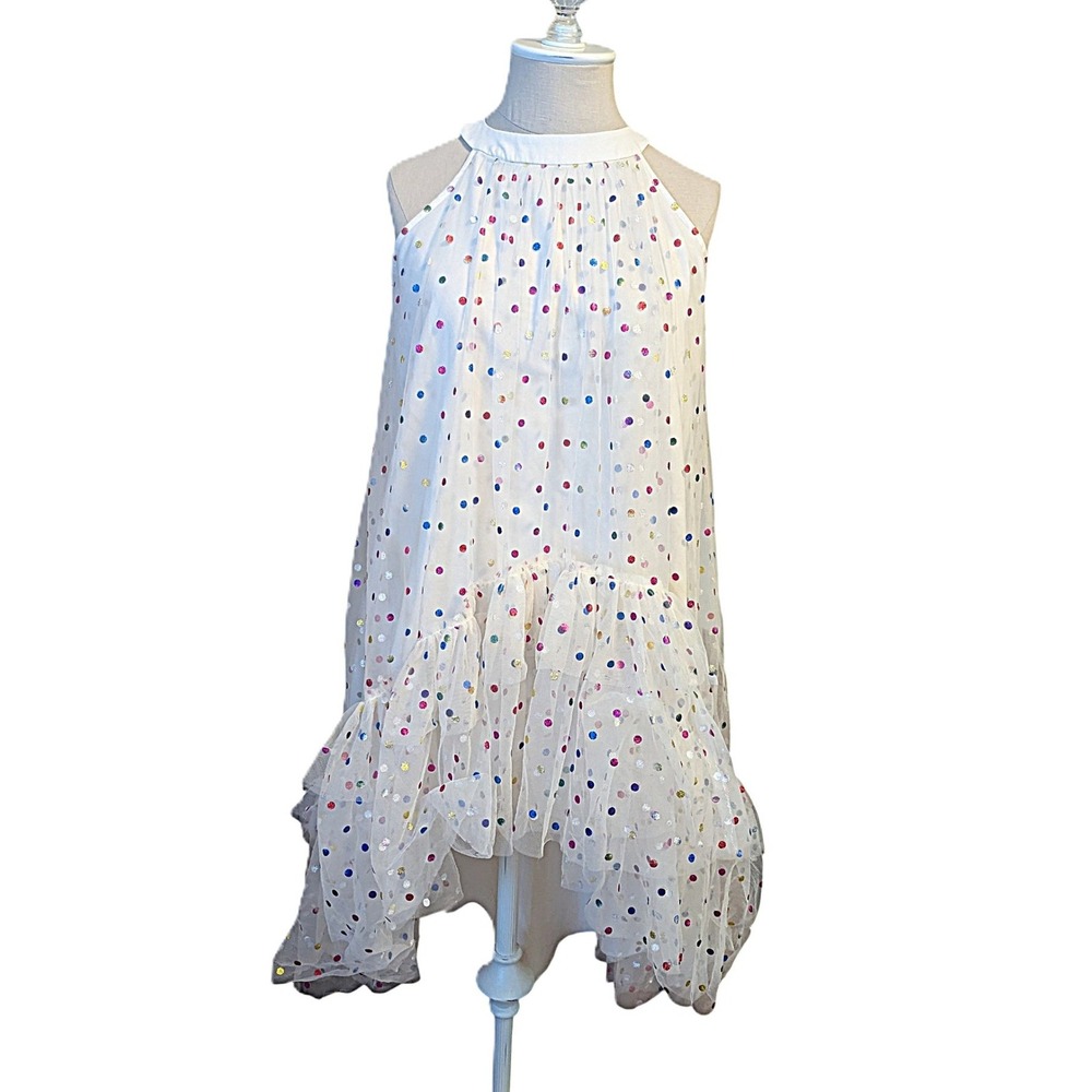 Joyfolie Girls Cream Tulle Multi Color Metallic Polka Dot High Low Halter Dress